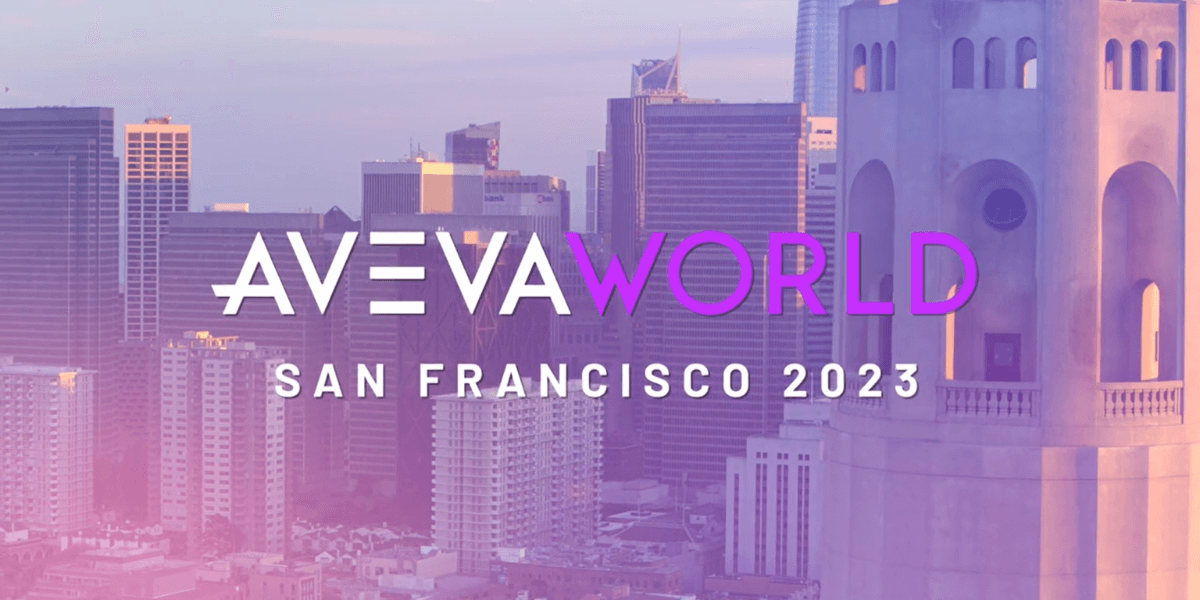 Aveva World promotional poster with a city in the background.