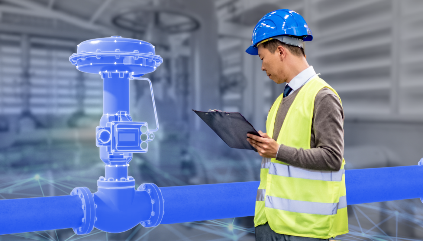 Man using a tablet to check on a pipe.