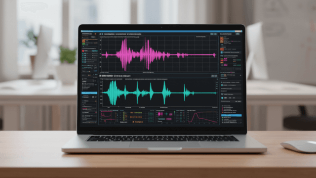 A computer sitting on a desk in a workspace setting, showing a screen that is measuring vibration (1)