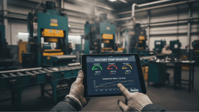 A factory worker inside of a shop using an ipad to check the temperature of equipment being used (1)