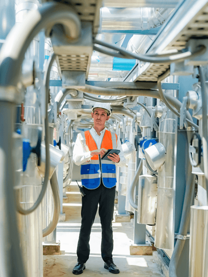 An industrial worker doing maintenance inspections while wearing a vest and white hard hat, using ControlMD from InCentrik (2) (1)