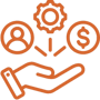An icon showing a hand hovering underneath an image of a person, a gear, and a dollar sign to represent InCentrik's partnership with Dimension Software for Asset Management