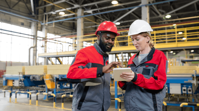 Two workers in red safety suits wearing hard hats using an ipad to monitor pi systems (1)