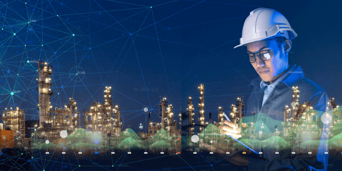 A graphic with a power plant in the foreground. Their is a holographic image of a worker using an ipad wearing a hardhat in the foreground. The entire image has an overlay that looks digital (1)