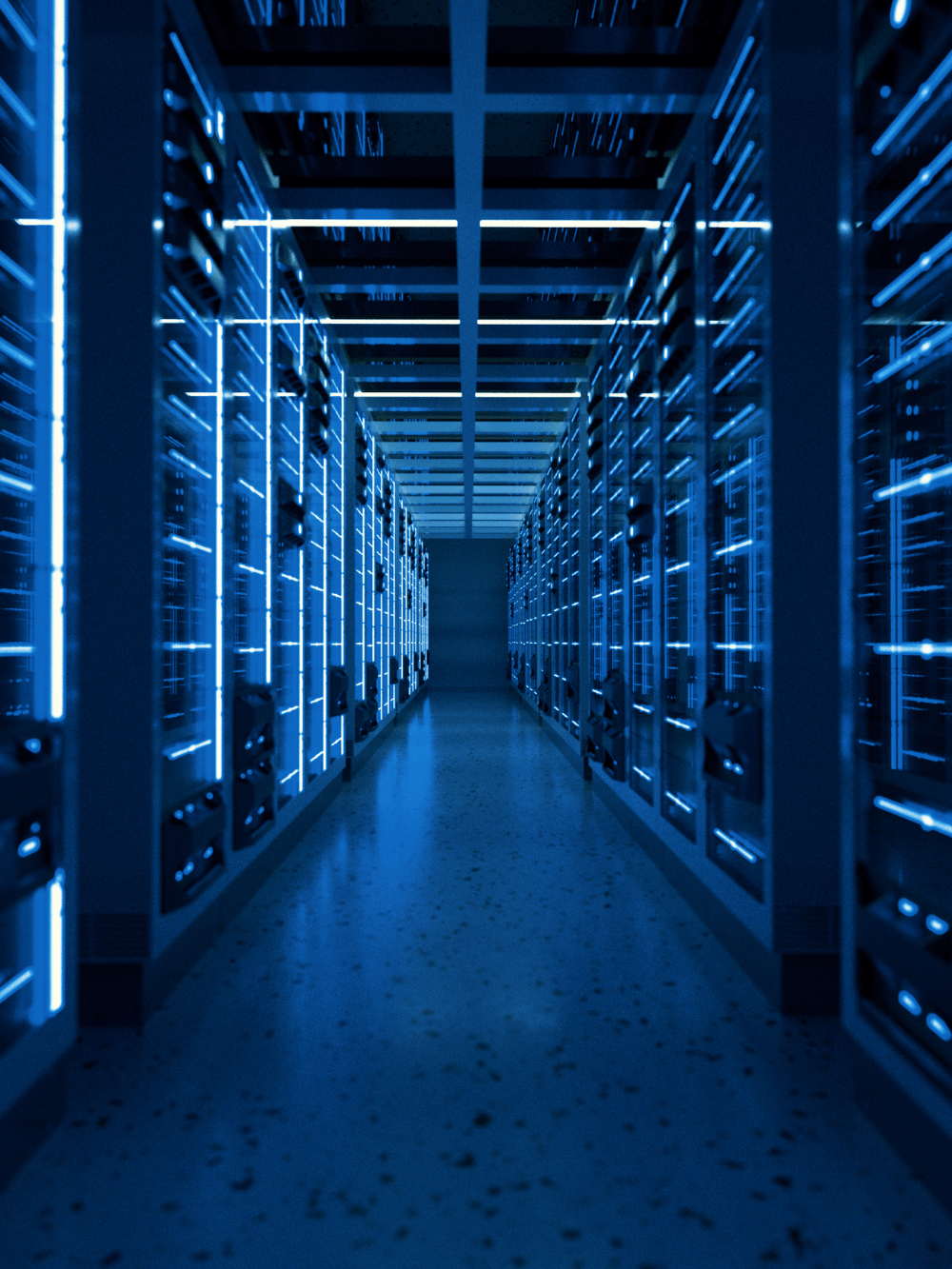 A server room with large servers being lit up with blue lights.