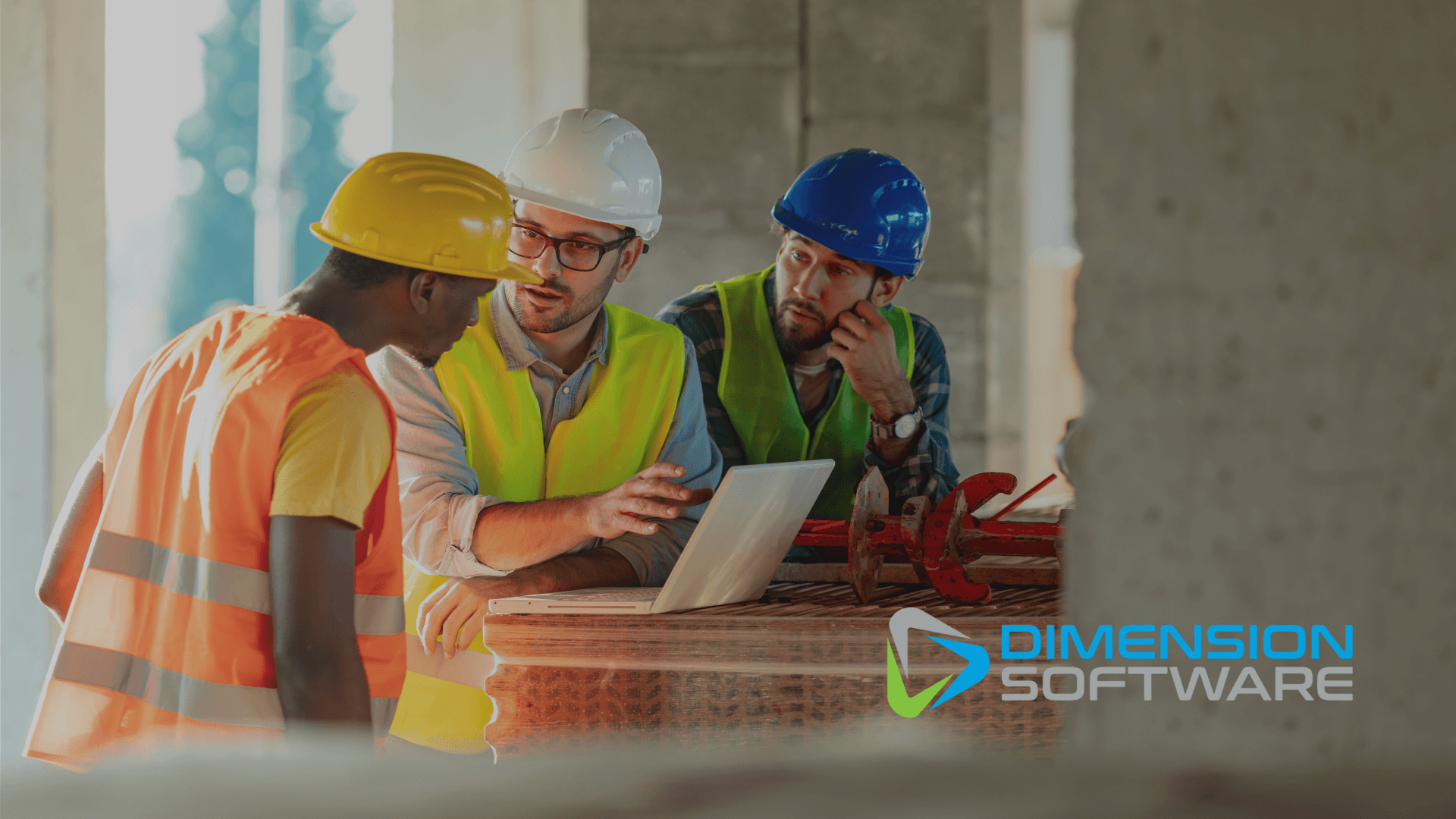 Three industrial workers at a job site looking at data on a laptop with a Dimension software logo in the corner.
